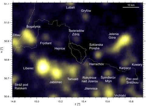 A night satellite photo the Izera Mountains and surroundings